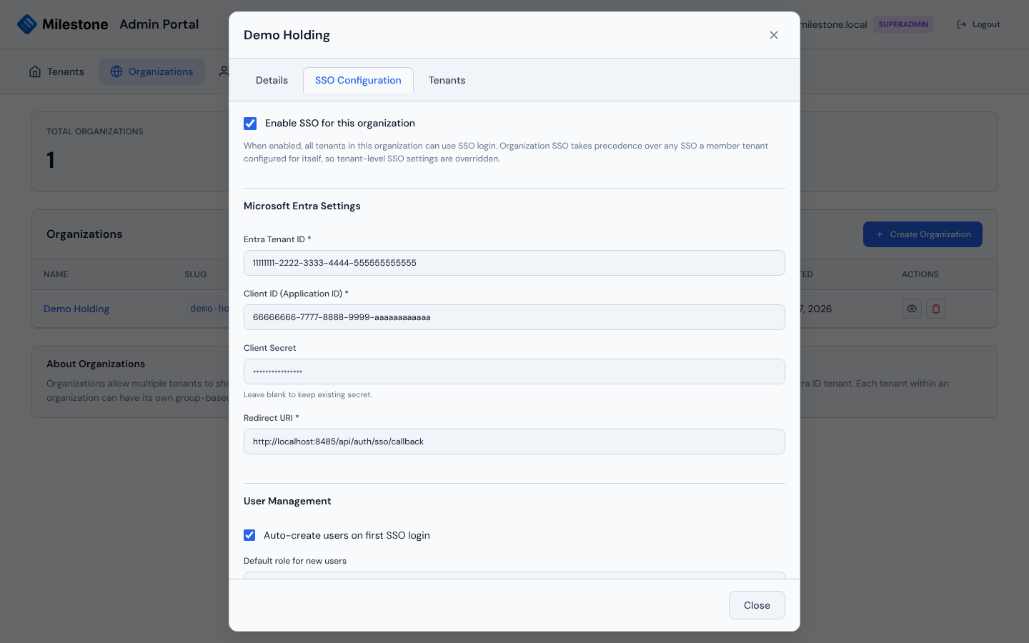 Organization details with the SSO configuration form in the admin portal