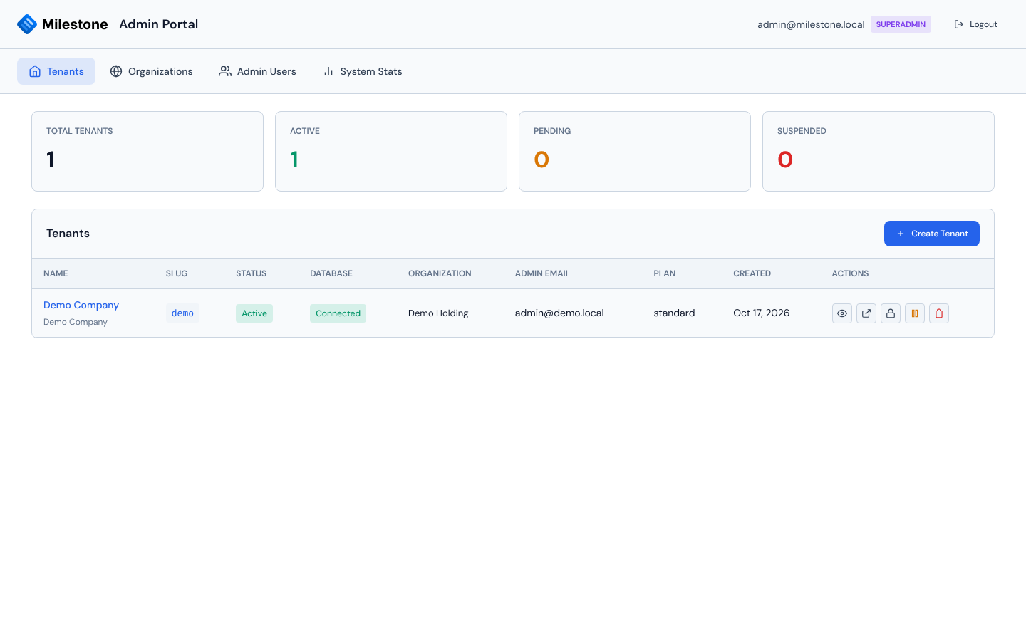 Admin portal — Tenants tab