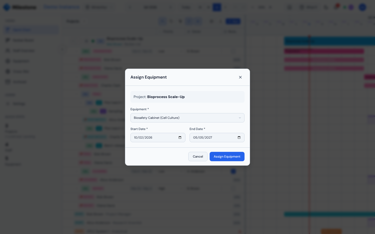 Assign Equipment modal with equipment dropdown and booking dates