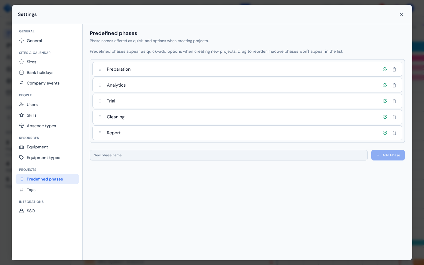 Predefined phases — drag handles, active toggles, and the Add Phase form