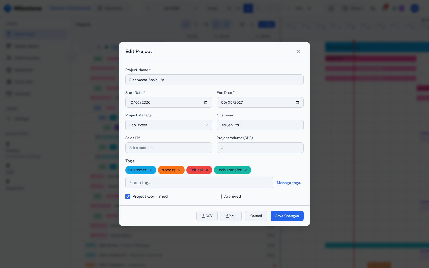Edit Project modal with name, dates, customer, tags, and CSV/XML export buttons