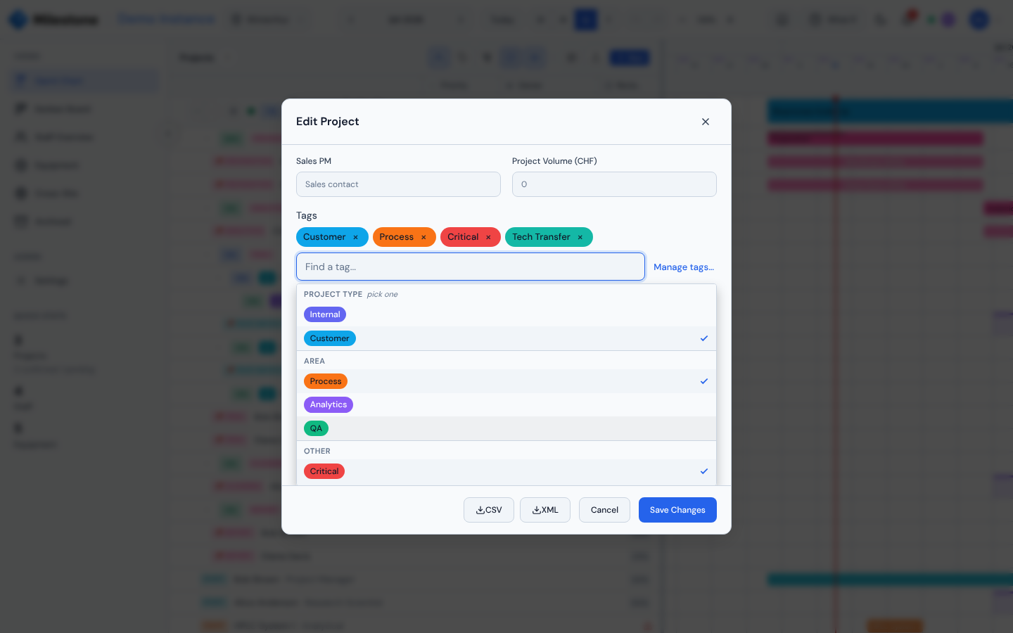 Tag picker in the project modal